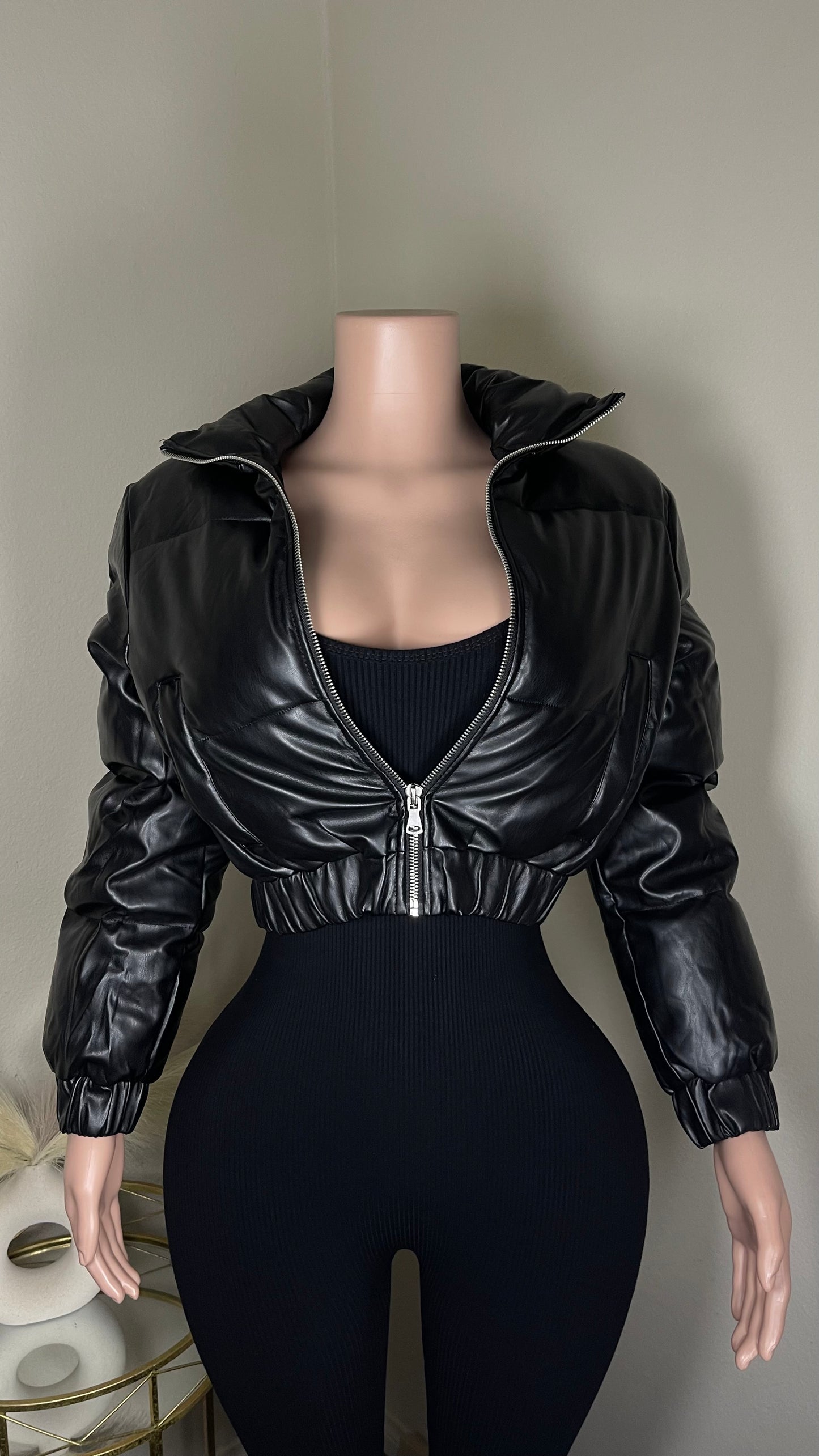 Leather puffer jacket