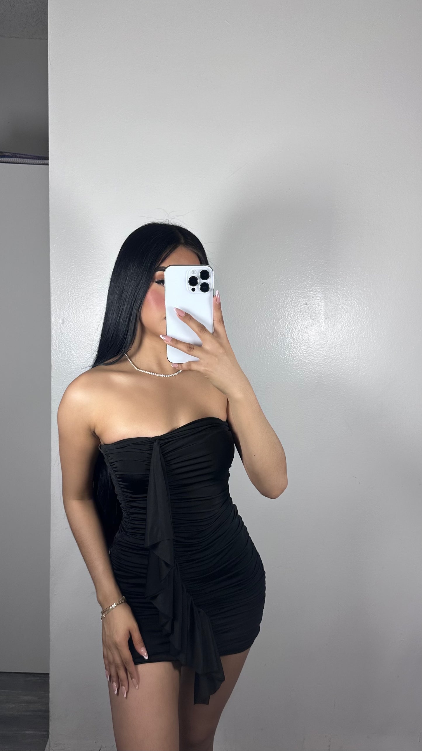 Black ruffled mini dress