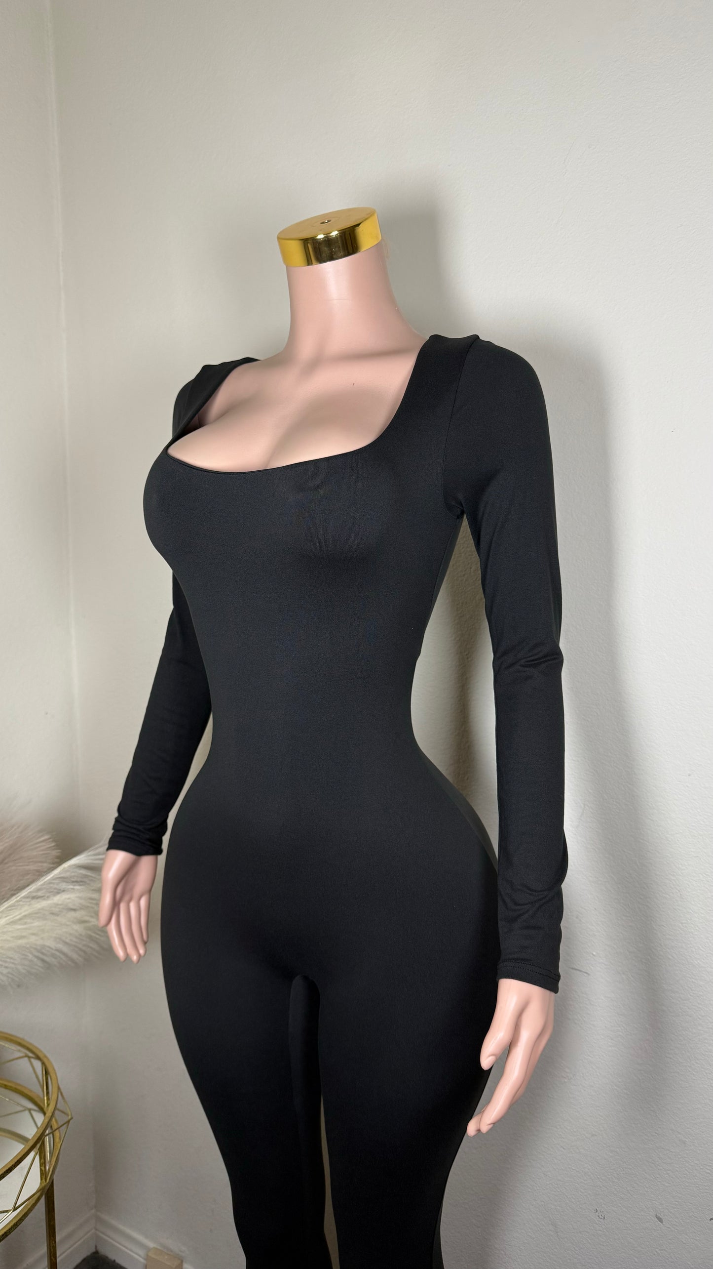 Black long squared neck romper