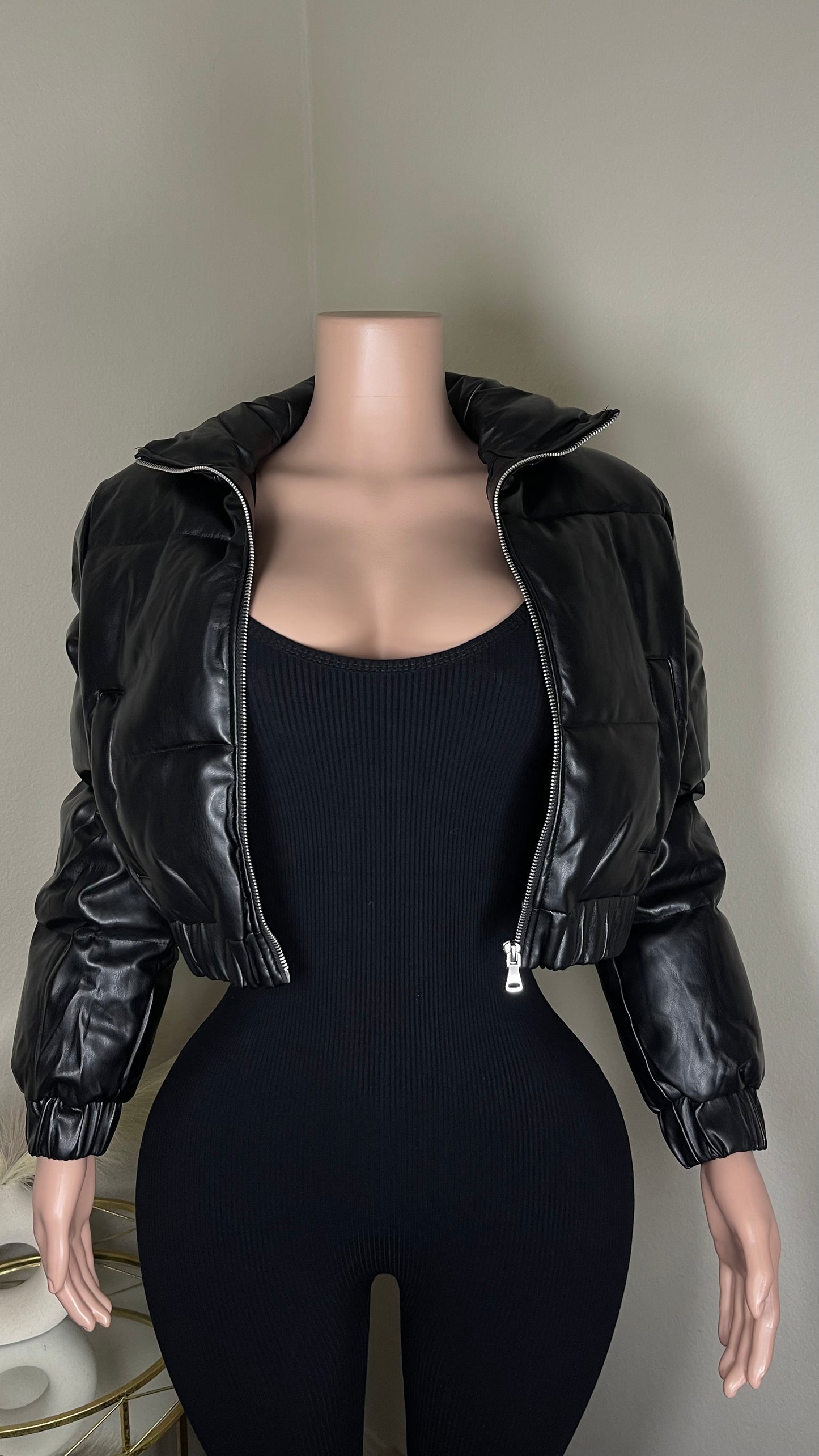 Leather puffer jacket