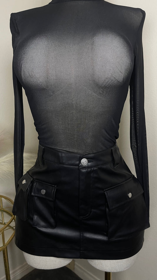 Black leather cargo skirt