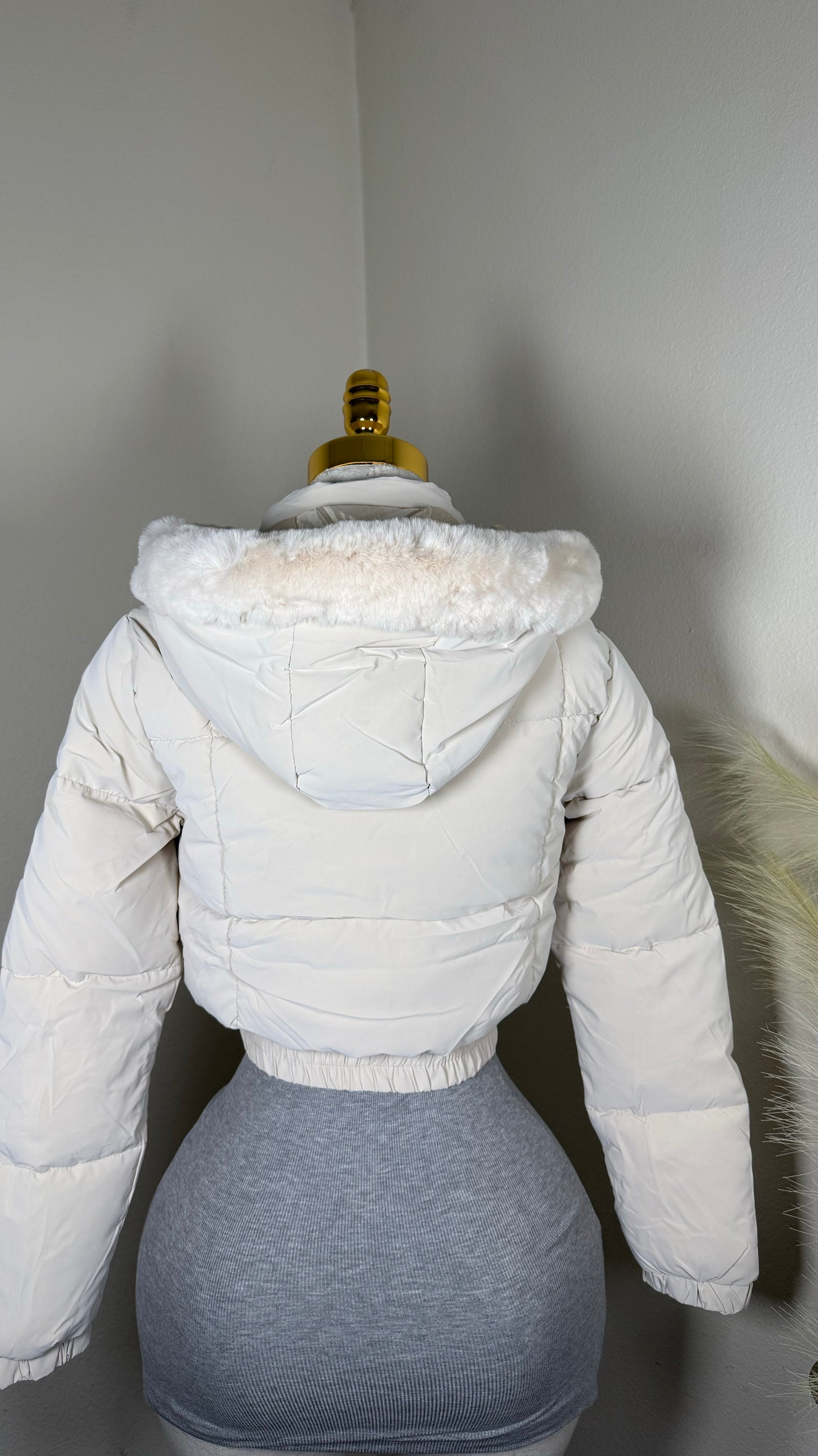 Cream furry hooded puffer