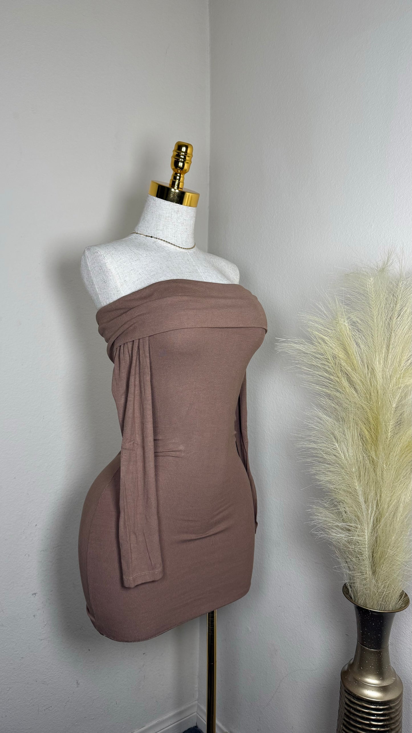 Brown off the shoulders dress